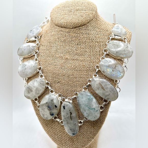 Oval Shape Rainbow Moonstone Necklace - Picture 5 of 12